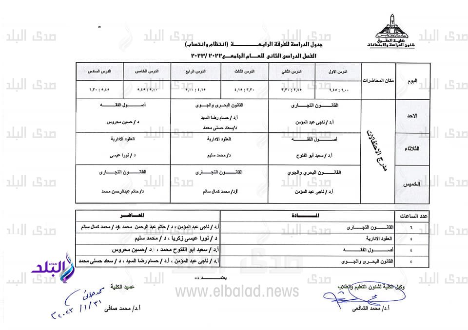 جدول الفصل الدراسي الثاني بحقوق عين شمس