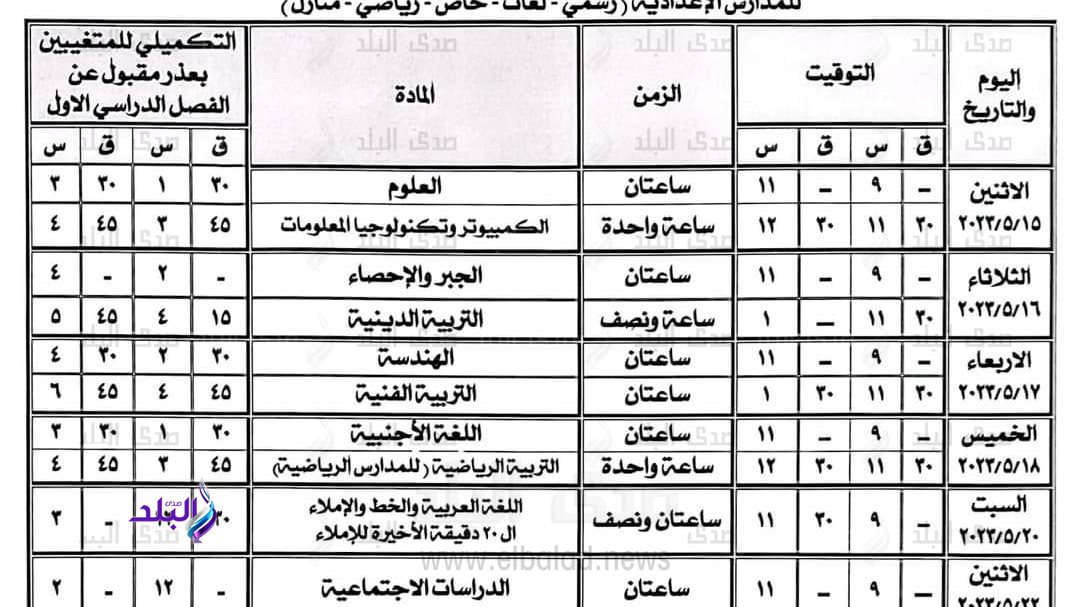 جداول امتحانات اعدادية  بورسعيد الفصل الدراسي الثانى 