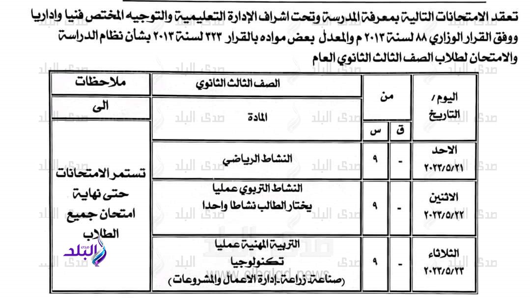 جدول امتحانات الصف الثالث الثانوى فى بورسعيد