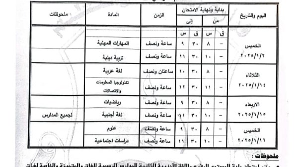 جدول امتحانات نصف العام 2025