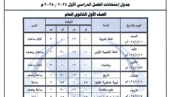 جدول امتحانات نصف العام 2025 الصفين الاول والثاني الثانوي