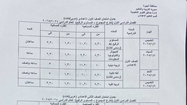 جداول امتحانات الترم الأول 2025 للمواد غير المضافة للمجموع