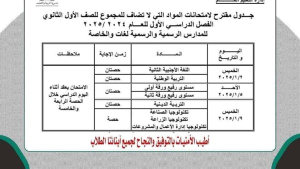 جدول امتحانات نصف العام 2025 للمواد غير المضافة للمجموع