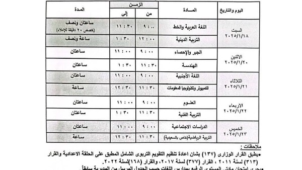 جدول امتحانات الصف الثالث الاعدادي محافظة الجيزة 2025