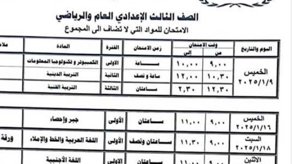 جدول امتحانات الصف الثالث الإعدادي الترم الأول محافظة الشرقية 2025