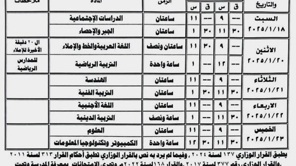 جدول امتحانات شهادة بورسعيد الاعدادية 