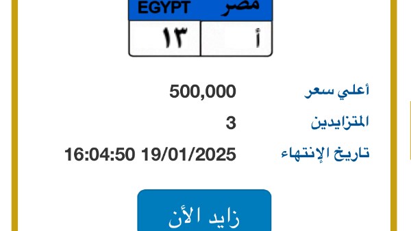 وصل سعرها لـ 500 ألف جنيه.. طرح لوحة بأرقام 