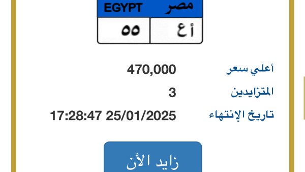 وصلت لـ 470 ألف جنيه.. مزايدة على لوحة سيارة مميزة تنتهي اليوم