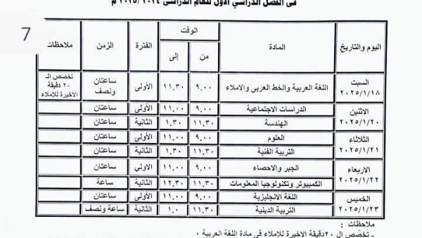 جدول امتحانات الشهادة الاعدادية بجنوب سيناء 