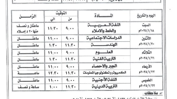 جدول امتحان الاعدادية