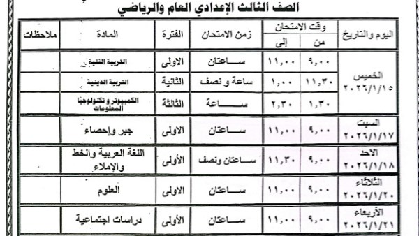جدول امتحانات الشهادة الإعدادية 2026 