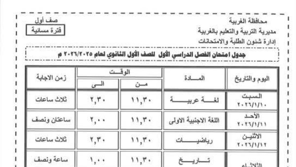 جدول امتحانات الفصل الدراسي الاول 2026