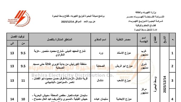 اليوم.. فصل الكهرباء عن عدة مناطق وقرى بـ 5 مراكز في البحيرة اليوم.. فصل الكهرباء عن عدة مناطق وقرى بـ 5 مراكز في البحيرة