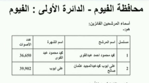 فوز محمد عبد القوي وعلي أيوب بدائرة الفيوم..وإعادة بين سيد أحمد ومحمد فؤاد فوز محمد عبد القوي وعلي أيوب بدائرة الفيوم..وإعادة بين سيد أحمد ومحمد فؤاد