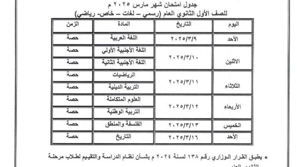 جدول امتحانات شهر مارس 2025