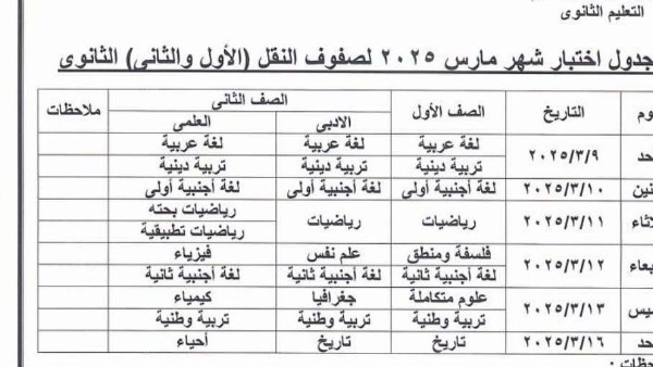 جدول امتحانات شهر مارس 2025