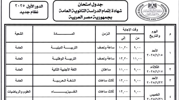 جدول امتحانات الثانوية العامة 2025