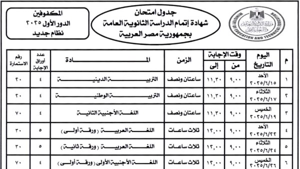 جدول امتحانات الثانوية العامة 2025 لطلاب مدارس المكفوفين