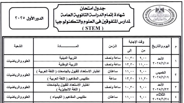 جدول امتحانات الثانوية العامة 2025