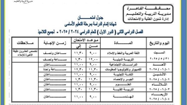 جدول امتحانات الصف الثالث الإعدادي 