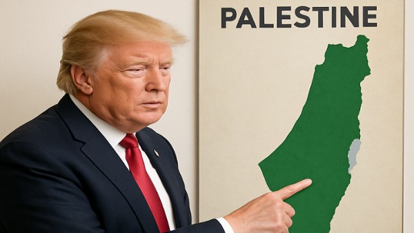 ترامب يشير إلى خريطة فلسطين - مصممة بالذكاء الإصطناعي