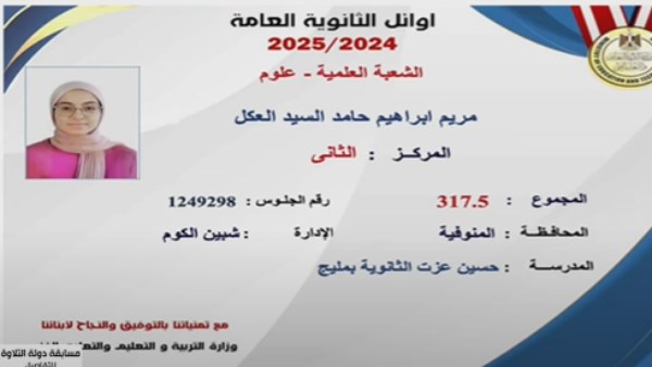 الثانية علمي علوم بالثانوية العامة: هدخل طب بشري.. ونجاحي توفيق ربنا
