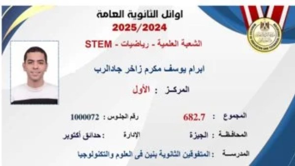 الأول على الثانوية العامة علمي رياضيات متفوقين: الرحلة كانت صعبة والنتيجة توفيق ربنا