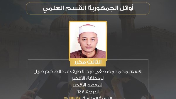 جده عالم أزهري.. محمد مصطفى ابن الأقصر يحصد المركز الثالث جمهوريًا في الثانوية الأزهرية