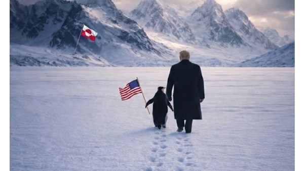 البيت الأبيض ينشر صورة لترامب مع بطريق يحمل العلم الأمريكي في جرينلاند