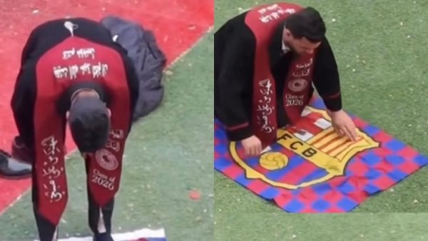 شاب عراقي يصنع سجادة صلاة من علم برشلونة