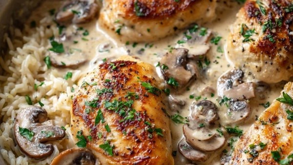 صدور دجاج بصوص المشروم مع أرز أبيض 