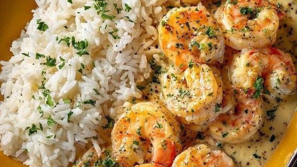 جمبري بالثوم الكريمي مع أرز أبيض 