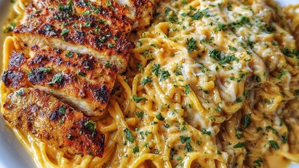 اسباجتي تشيز كريمي مع صدر دجاج مشوي