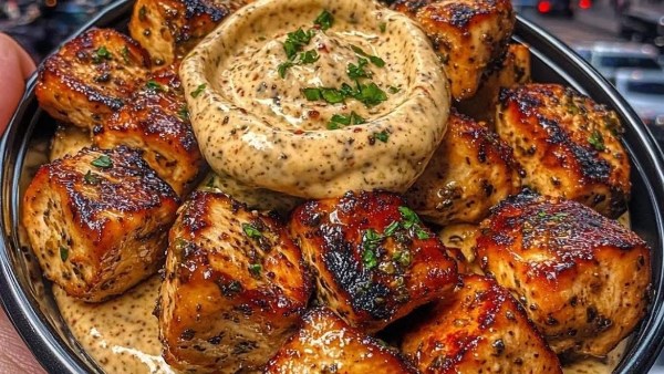 مكعبات دجاج بالزبدة والثوم مع صوص الفلفل الكريمي 