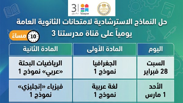 مواعيد إذاعة حل النماذج الاسترشادية 