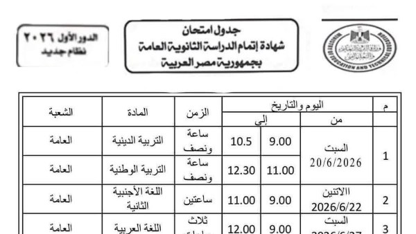 جدول امتحانات الثانوية العامة 2026