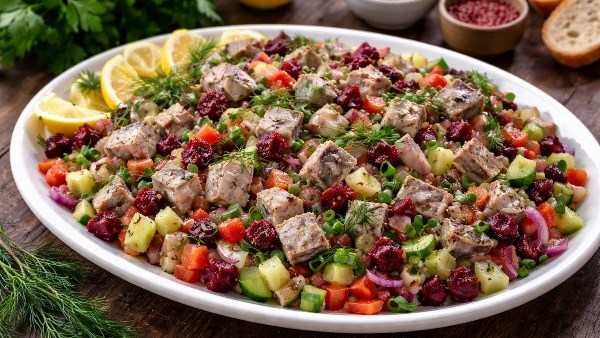 طريقة عمل سلطة الرنجة بالطحينة.