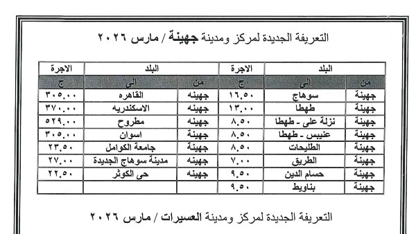 تعريفة الركوب الجديدة بسوهاج