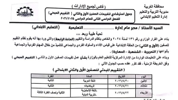  التقييم المبدئي للصفين الأول والثاني الإبتدائي