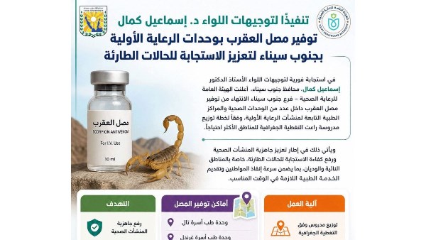 توفير مصل العقرب بوحدات الرعاية الأولية بجنوب سيناء لتعزيز الاستجابة للحالات الطارئة