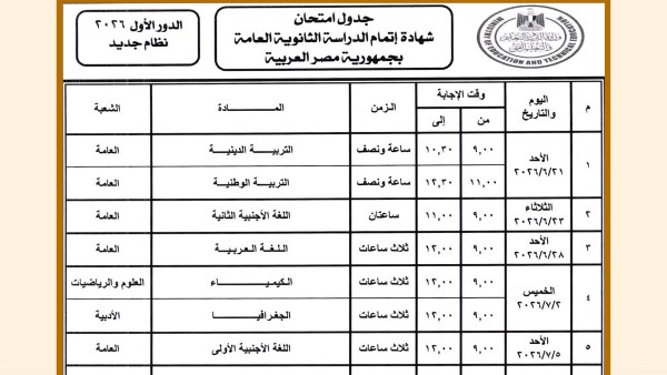 جدول امتحانات الثانوية العامة 2026