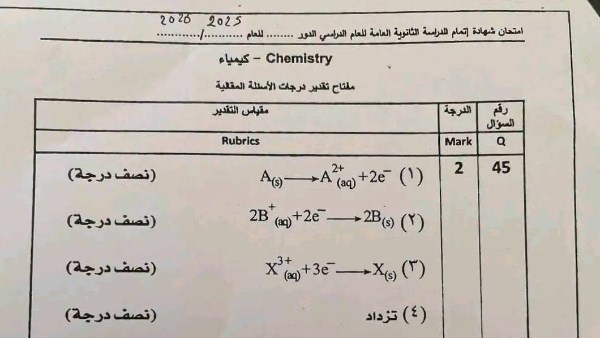 نموذج إجابة امتحان الكيمياء ثانوية عامة 2026