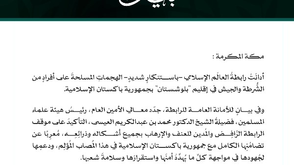 رابطة العالم الإسلامي تدين الهجمات بباكستان