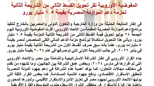 المفوضية الأوروبية تقر تحويل القسط الثاني من الشريحة الثانية لحزمة دعم الموازنة المصرية بقيمة 1.5 مليار يورو