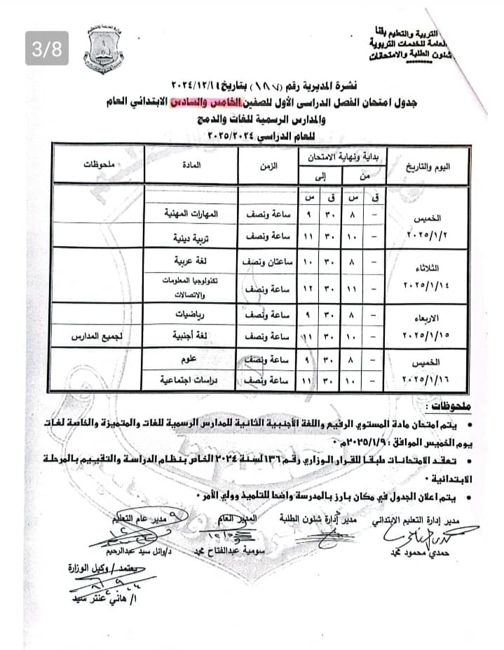 جدول امتحانات نصف العام 2025 الصف الخامس الابتدئي