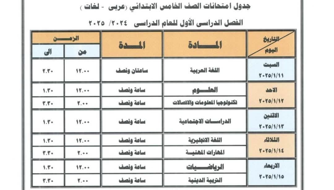 جدول امتحانات نصف العام 2025 الصف الخامس الابتدئي