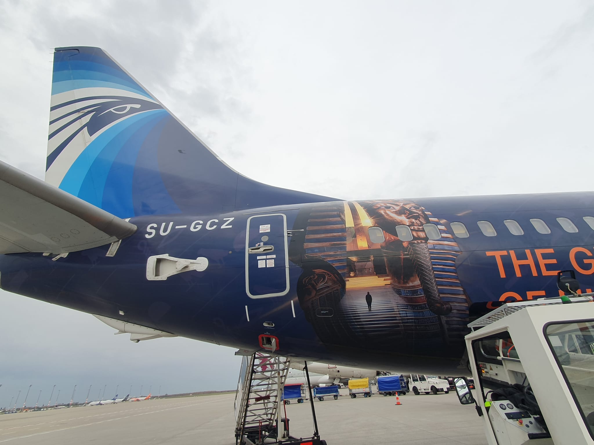 حملة دعاية دولية مصر للطيران تحلق بطائرة مزينة بالكامل بشعار المتحف حول العالم.. صور